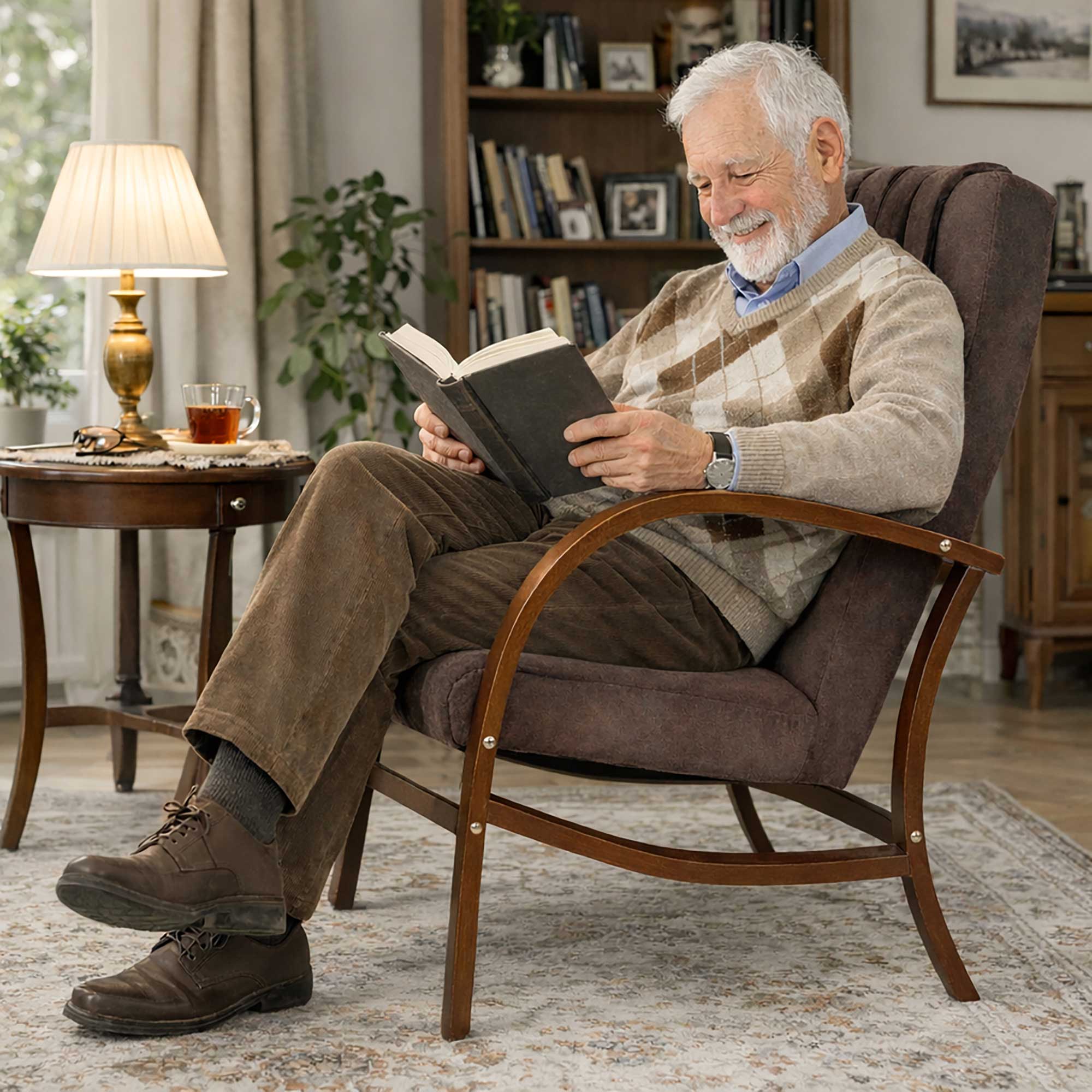 Senior czytający książkę w fotelu Lumo