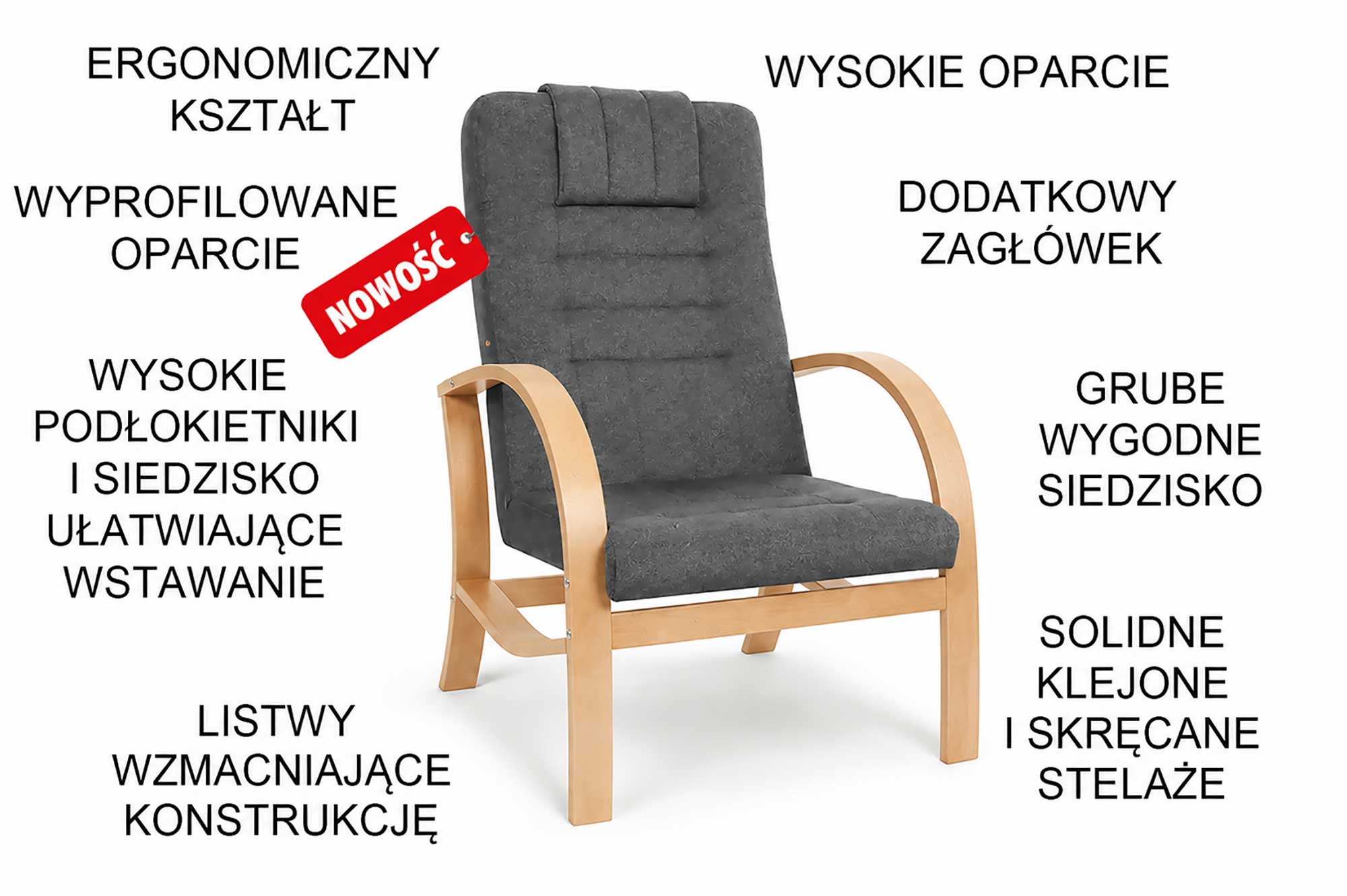 Fotel dla seniora Lumo z wysokimi podłokietnikami