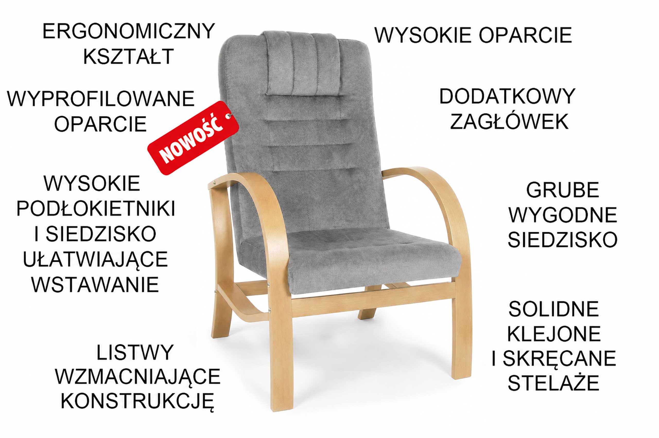 Fotel dla seniora Lumo z wysokimi podłokietnikami